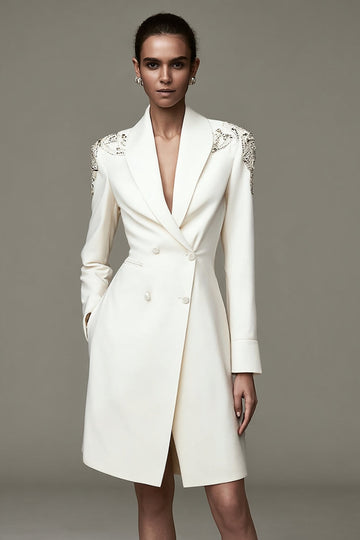 Sparkly Ivory Shawl Lapel Short Work Dress with Sleeves